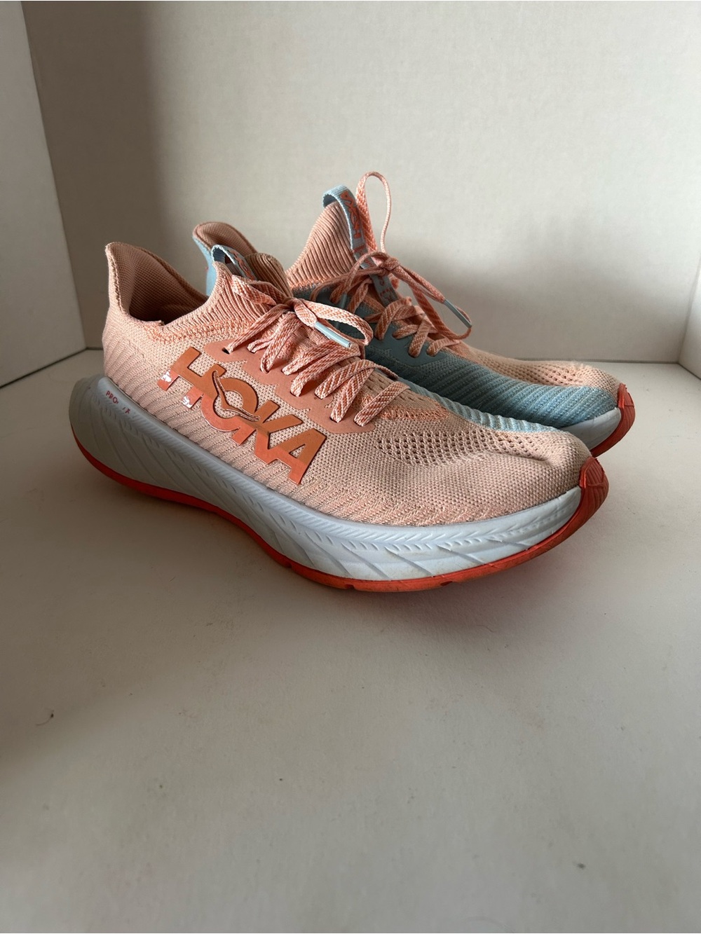 Hoka Peach Knit Running Sneakers with Light Blue Trim